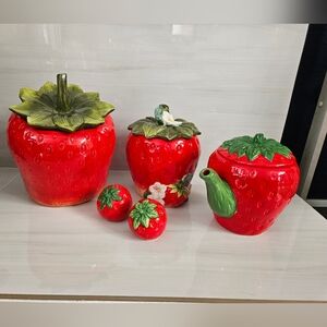 Strawberry Collection Ceramic Canisters, Teapot, Salt & Pepper Shakers Set